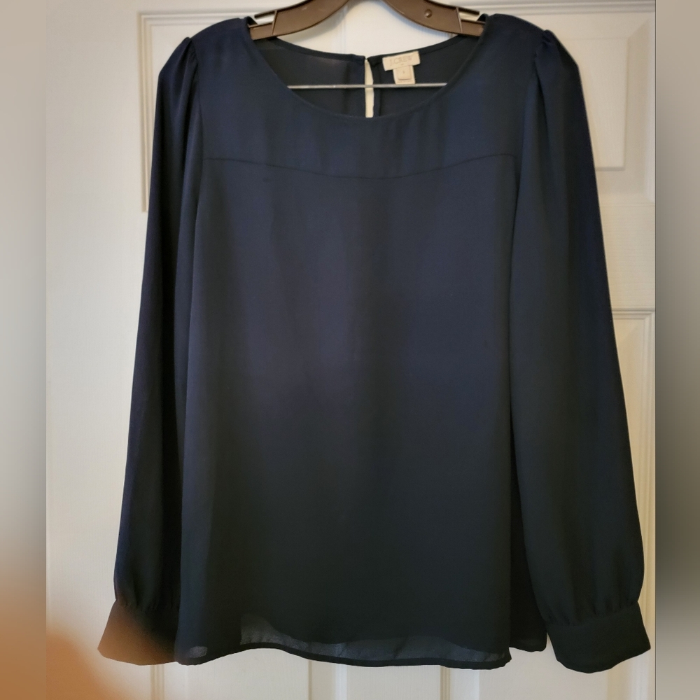 JCREW Chiffon Poet Top Blouse Navy LS Sz S Whimsygoth Cottagecore Coquette Basic